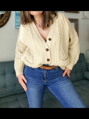 Vintage Aran Crafts Cream Wool Cable-Knit Button Cardigan